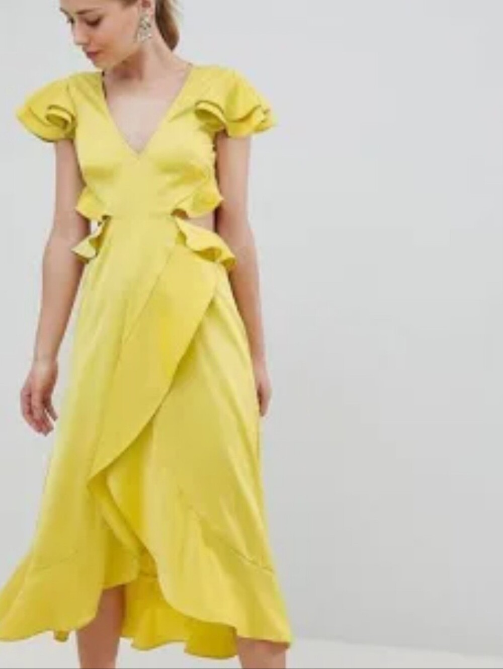 Yellow Ruffle Wrap Midi Dress - Elegant And Sexy Dress Open Back And Sides NWT